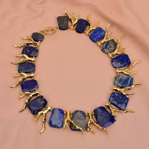 Natural Blue Lapis Lazuli Necklace Golden Resin Coral Branch Shape Shape Pendant - Picture 1 of 7