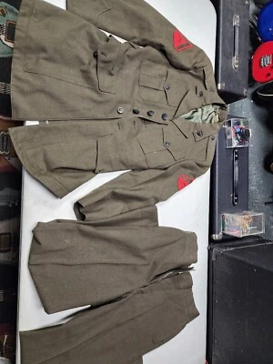 Vintage U.S. Marine Corps Dress Green Jacket Uniform  Patches 37r + Pants - Image 1 of 4