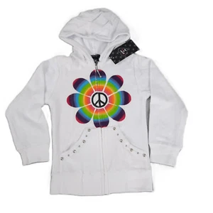 Flowers by Zoe Hoodie Girls 4 White Terry Zip Sweatshirt Rainbow Peace Retro Y2K - Picture 1 of 13