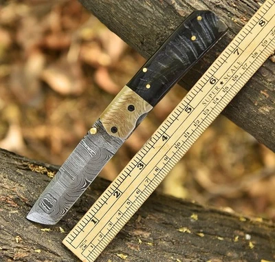 Handmade Damascus Steel Folding Blade Pocket Knife Bull Cutter Tanto - Ram Horn - Image 1 of 4