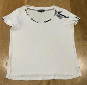 Maine New England Top 16 White Navy Ribbon Eyelet Trim 100% Cotton Jersey TShirt - Picture 1 of 8