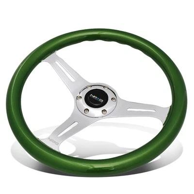 NRG 350MM GREEN WOOD GRIP 2"DEEP DISH SPOKE RACING STEERING WHEEL ST-015CH-GN - Image 1 of 4
