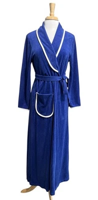 Feminique VINTAGE 80s Floor Length Dark Blue Velour Robe House Coat size M - Image 1 of 4