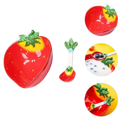 Lovely Strawberry Design Ceramic Bowl Kids Salad Bowl Food Bowl with Spoon - Image 1 of 4