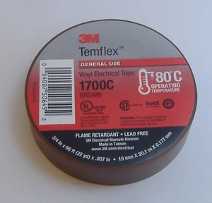 PREMIUM GRADE 3M TEMFLEX BROWN VINYL ELECTRICAL TAPE 3/4" X 66' FLAME RETARDANT - Picture 1 of 4