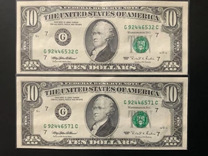 1995 $10 DOLLAR BILL Set of 2 G92446532C G92446571C Sequential Serial #s. - Picture 1 of 6