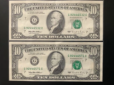 1995 $10 DOLLAR BILL Set of 2 G92446532C G92446571C Sequential Serial #s. - Image 1 of 4