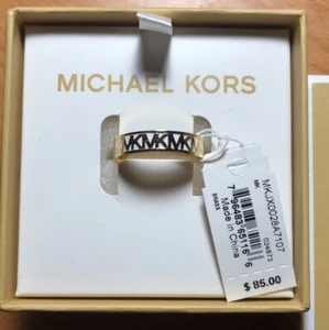 Michael Kors Gold Plated Over Brass & White Enamel MK Logo Ring Size 7 NWT & Box - Picture 1 of 13