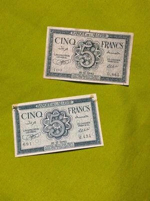 Algeria 5 Francs Banknote 1942 2 Notes - Image 1 of 2