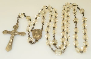 VINTAGE STERLING SILVER FACETED ROUND & CUBE SHAPED CRYSTAL ROSARY 38.8 GRAMS - Picture 1 of 6