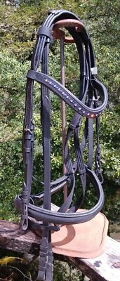New Dressage Horse Bridle w/ U shaped bling brow, crank nose, web reins FULL - Image 1 of 4