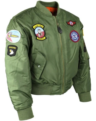 KOMBAT UK KIDS MA1 FLIGHT JACKET OLIVE GREEN BOMBER US ARMY MILITARY AIR FORCE COAT ZIP UP