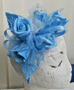 Blue Roses/White Flower Headband/Fascinator; Wrist Corsage - Wedding Flowers - Picture 1 of 19