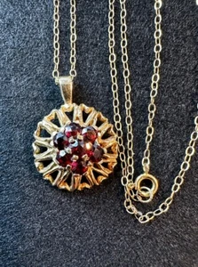 SUN of HEARTS: Hallmark 9K Gold & Garnet Cluster Pendant 2Cm + 41Cm Chain, 2.4Gr - Picture 1 of 13