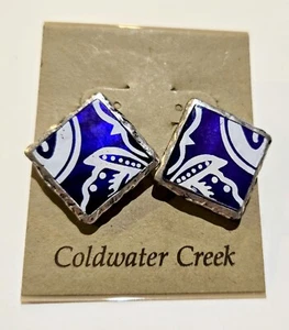Coldwater Creek Purple White Silver Square Earrings 1 Inch NEW - Picture 1 of 8