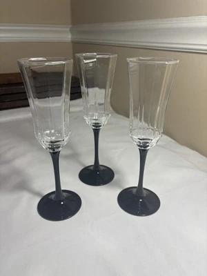 "Juego de flautas de champán de tallo negro Lunimarc Francia de panel octime de 3~9"" vintage" Foto 1 de 4