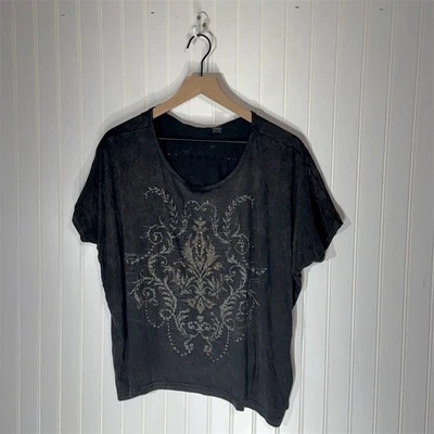 Miss Me S Black Burnout Graphic Top NWT Boho Western Damask Tee Braided Back - Image 1 of 4