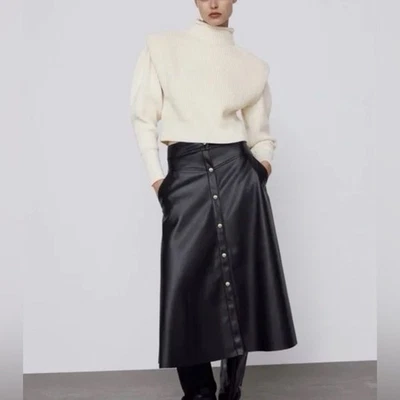 Zara black faux leather button-front A-line midi skirt Fall Winter Women L - Image 1 of 4
