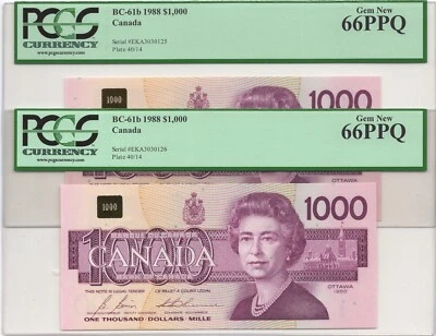 2 Consecutive 1988 $1000 Canada Notes PCGS Gem 66 - Image 1 of 4