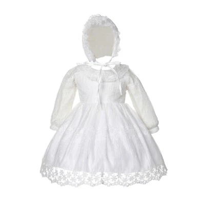 Langarm Elfenbein Spitze Taufe Partykleid und Motorhaube 0 3 6 9 12 18 Monate - Bild 1 von 4