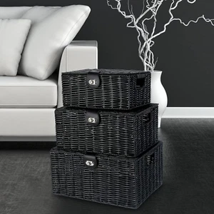 Honygebia Grey Wicker Storage Baskets - Set of 3 Decorative Nesting Boxes with L - Picture 1 of 60