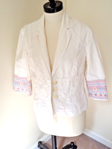 OFF WHITE GIACCA J JILL OFF WHITE CON RICAMO SUI POLSINI STILE BOHO TAGLIA 10 PETITE