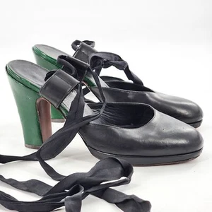 DRIES VAN NOTEN Black Green Leather Lace Up Heels Pump Size 37.5 7 - Picture 1 of 10