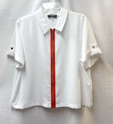 KARL LAGERFELD PARIS White Short Sleeve Orange Zip Blouse Shirt Top Women Large - Image 1 of 4