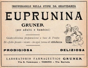 WERBUNG 1928 EUPRUNINA GRUNER TURIN - APOTHEKE UND MEDIZIN VINTAGE - Bild 1 von 1
