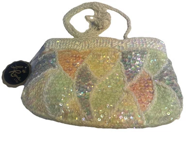 "Bolso de noche vintage de la década de 1980 La Régale pastel con lentejuelas verde amarillo naranja 8""x5""" Foto 1 de 4