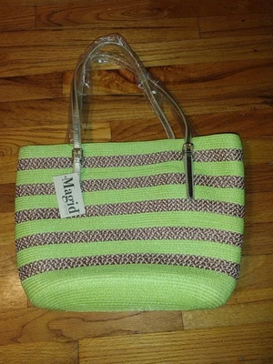 Bolso de Mano Magid Straw: Rayas Verde Lima y Beige, P1056S, Asas Doradas, Nuevo Con Etiquetas Foto 1 de 3