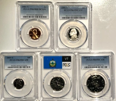 ⭒ Juego de prueba 2001-S fecha 5 monedas recién graduadas PCGS PR69 DCAM regalo perfecto Foto 1 de 3