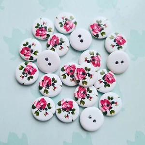 Rosa Rose Blume Holz bemalt Knöpfe, weiß, 2-Loch, Handwerk, Nähen UK Verkäufer - Bild 1 von 4