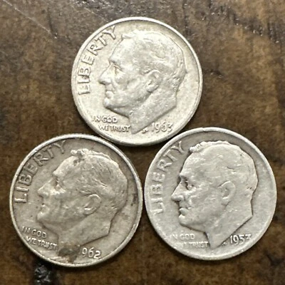 3 件罗斯福 10 美分银币 1963 D,1962 D,1953 D — 第 1/4 张图片