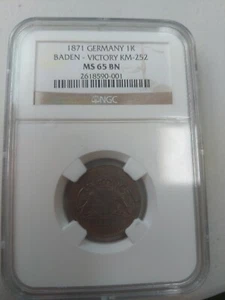 1871 Germany Baden 1 Kreuzer NGC MS65BN Choice UNC! Victory - Picture 1 of 11