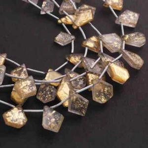 1 Strand Golden Rutile Briolette Beads, Fancy Shape Faceted Golden Glitter Beads - Picture 1 of 5