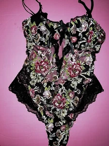 Victoria's Secret unlined S 34B TEDDY one-piece BLACK pink green floral appliqué - Picture 1 of 3