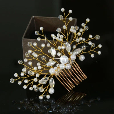 Gold Pearl Vine Crystal Wedding Dress Headpieces Floral Beaded Bridal Hair Comb - Image 1 of 4