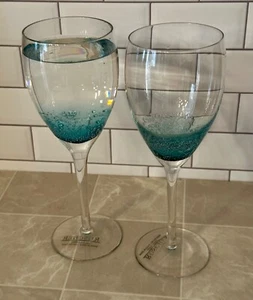 2 Vintage Roscher & Co. Clear/Teal Bubble Glass Wine Glasses 9.75” - Picture 1 of 8