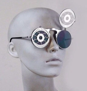 runde silberne Flip Up Steampunk Sonnenbrille Cosplay Cyber Punk Vintage Goth Hi-Tek - Bild 1 von 5