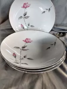 Vintage Sango China Dawn Rose Salad Soup Bowls Set Of 4 Platinum Rim MCM - Picture 1 of 4