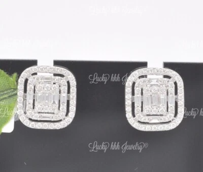14k Solid White gold   Natural  Diamond Earring 1.02 ct baguette stud cluster - Image 1 of 4