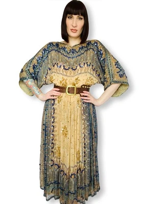 Новый с Ярлыками винтажный 1970-х 70-х 80-х индийский цветочный пейсли шелк шифоновое блестками платье L - Изображение 1 из 4