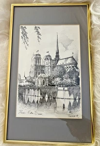 Original 1970s Ink Drawing – Paris: Notre Dame by Tellier R | Framed Vintage Art - Picture 1 of 11