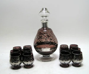 Vintage italienische Amethyst Sterlingsilber Überfang Glas Karaffe & 12 Cordial Gläser - Bild 1 von 6