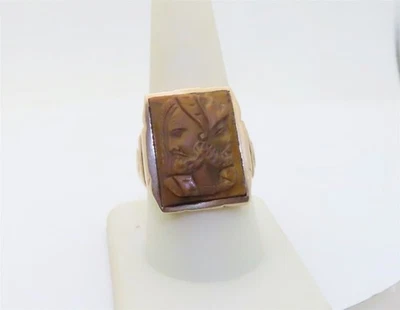 Anillos antiguos para hombre camafeo joyería oro grande ojo de tigre tres caras 10K EE. UU. 10 R431 Foto 1 de 4