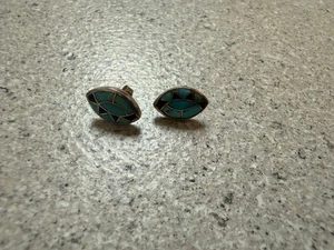 Vintage Zuni Sterling Silver THIRD EYE Turquoise Inlay Earrings Native American - Picture 1 of 4