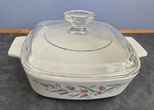 Corning Ware 1 Liter ROSEMARIE Pink Tulip Casserole Dish A-1-B With Pyrex Lid - Picture 1 of 6