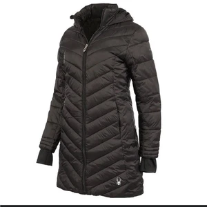 Spyder Boundless Long Black Full-Zip Hooded Insulated Puffer Coat Girls Medium - Picture 1 of 10