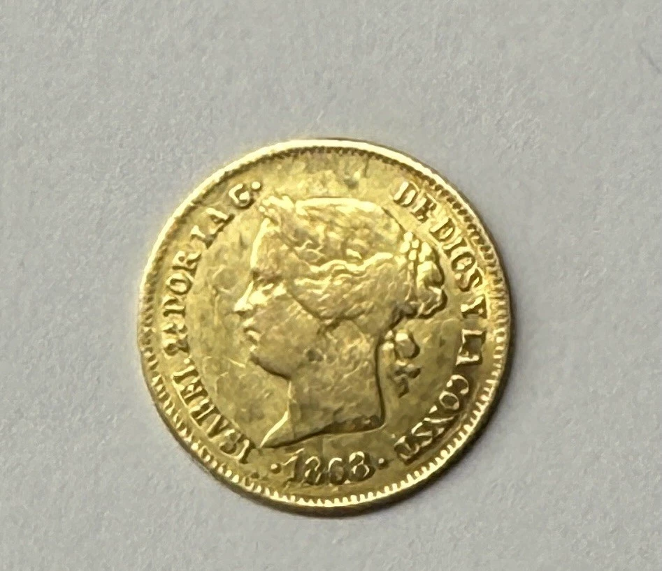 Moeda de ouro 1868 1 peso espanhola filipina Isabela II - Detalhes ex joia - Escassa - Imagem 1 de 2
